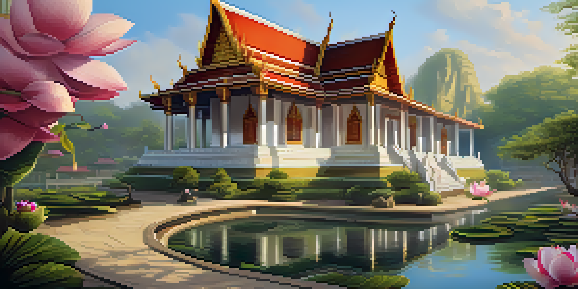 A beautiful Northern Thai temple surrounded by a tranquil garden filled with lotus flowers, showcasing intricate murals and golden spires under sunlight.