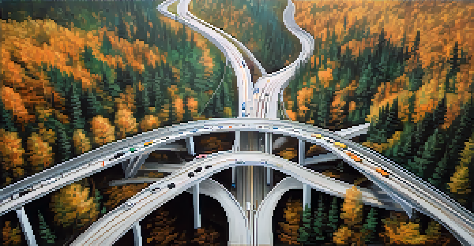 An aerial view of wildlife crossings in Banff, with bridges for animals over a highway surrounded by forests and mountains.