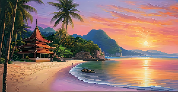 A tranquil sunset view of Laem Sor Beach with golden sands, clear waters, and a pagoda against a colorful sky.