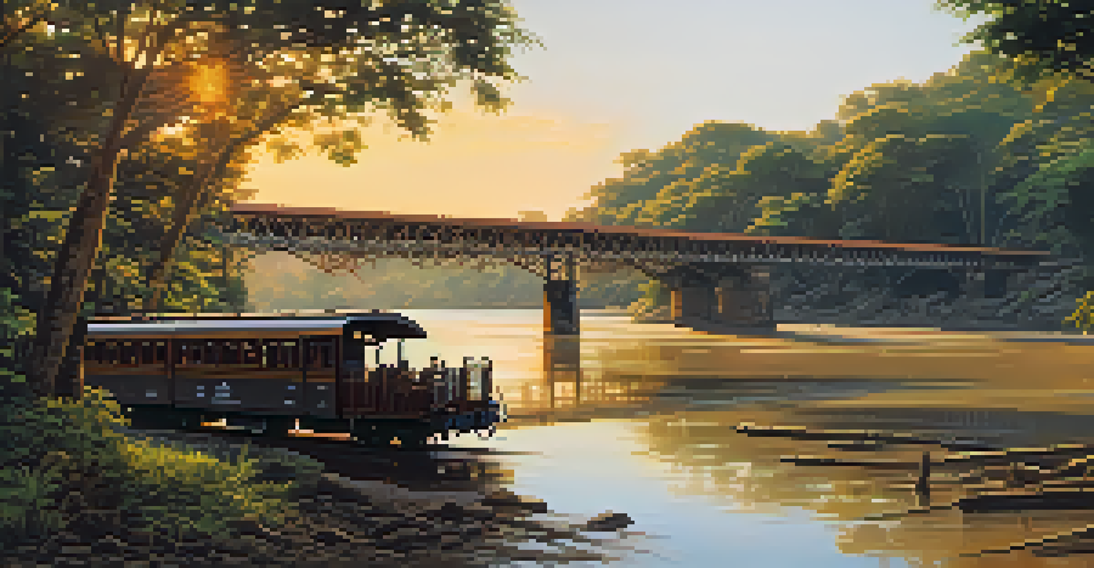 The historic Bridge over the River Kwai at sunset, with a train crossing and lush greenery surrounding the river.