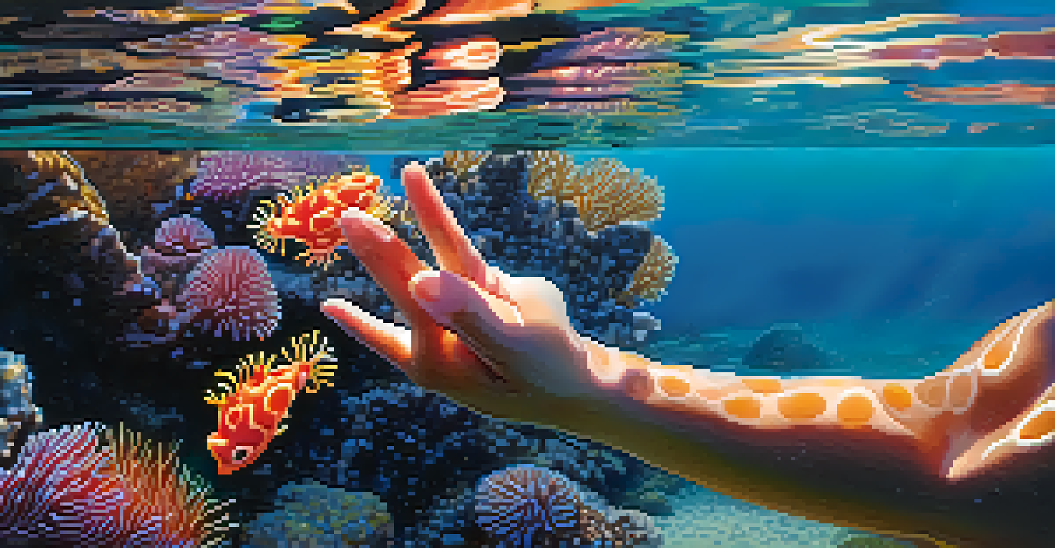 A close-up view of a diver's hand reaching out to a colorful nudibranch on a coral reef in Thailand, showcasing the details of both.