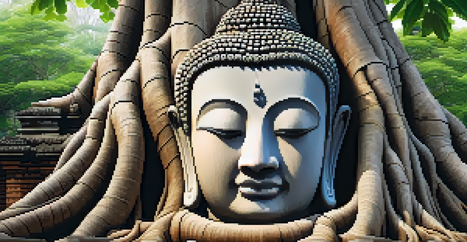 A close-up of a Buddha head entwined in tree roots at Wat Mahathat, showcasing the texture of the stone and the natural roots in soft light.
