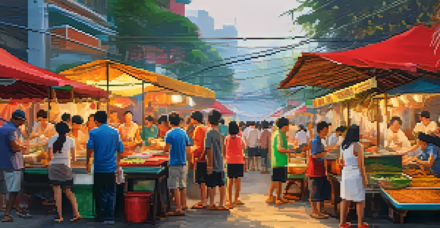 A street food scene during Phi Ta Khon festival, with vendors serving traditional Thai dishes and festival-goers enjoying the vibrant atmosphere.