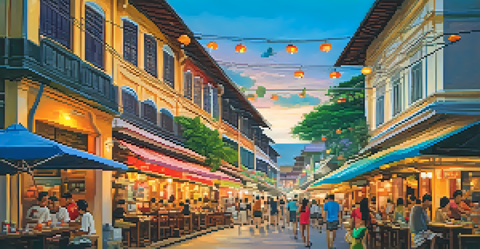 A vibrant street scene in Phuket Old Town featuring Sino-Portuguese buildings, cafes, and lively markets during sunset.