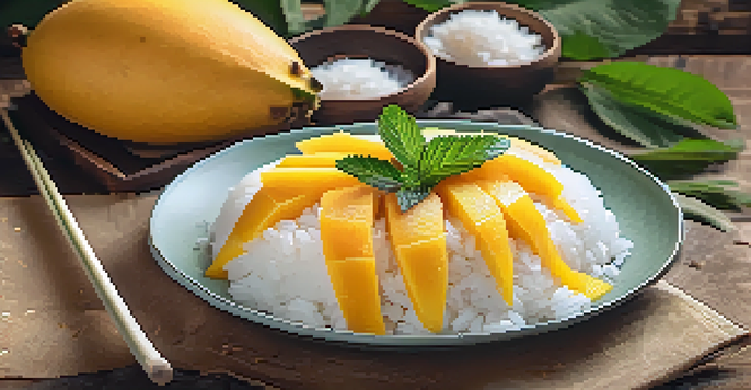 A plate of Mango Sticky Rice with mango slices and coconut sauce on a wooden table.