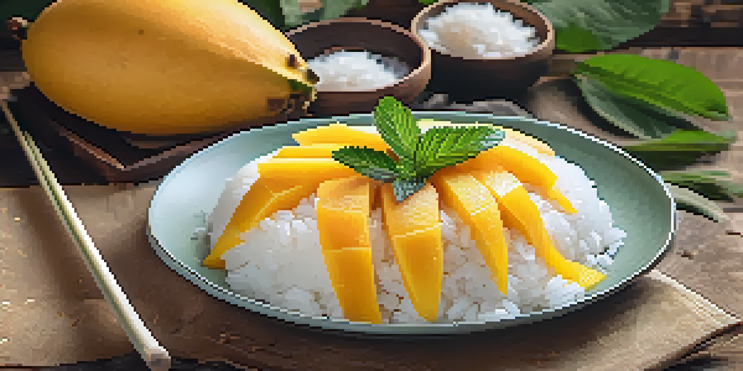 A plate of Mango Sticky Rice with mango slices and coconut sauce on a wooden table.