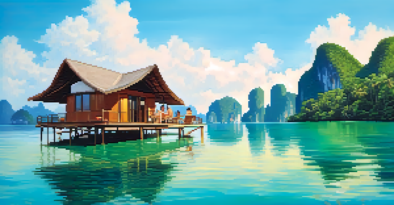 Overwater bungalows at an eco-friendly resort in Phang Nga Bay, with a couple having breakfast and beautiful tropical scenery.