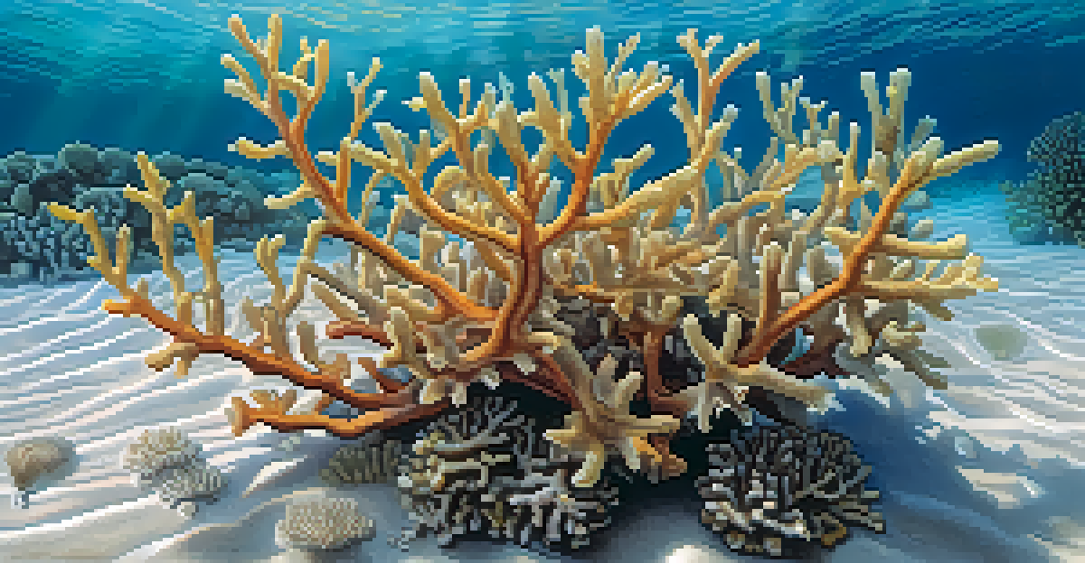 A close-up of staghorn coral with colorful fish swimming around, illuminated by sunlight in the ocean.