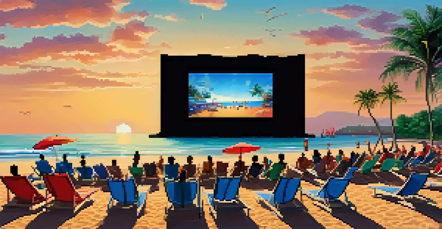 A beachside scene from the Pattaya International Film Festival, featuring an outdoor screen and people enjoying films at sunset.