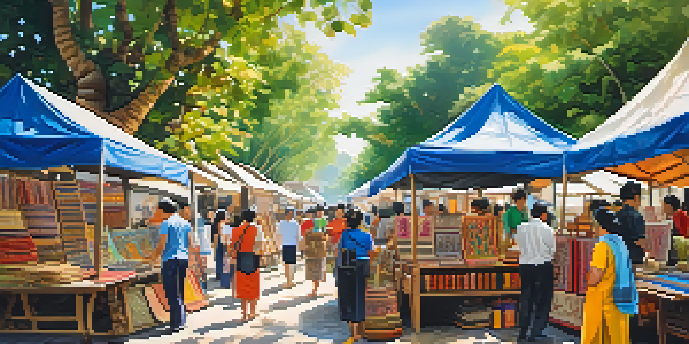 An outdoor art and craft fair in Thailand with colorful stalls, artisans at work, and visitors enjoying the atmosphere.