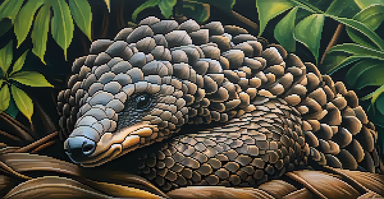 A close-up of a curled Malayan pangolin, showcasing its unique scales and texture against a softly blurred natural background.