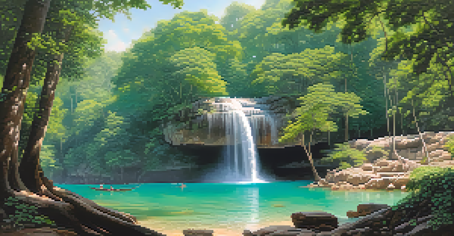 A beautiful seven-tiered waterfall with turquoise pools and people swimming, surrounded by lush forest and sunlight.