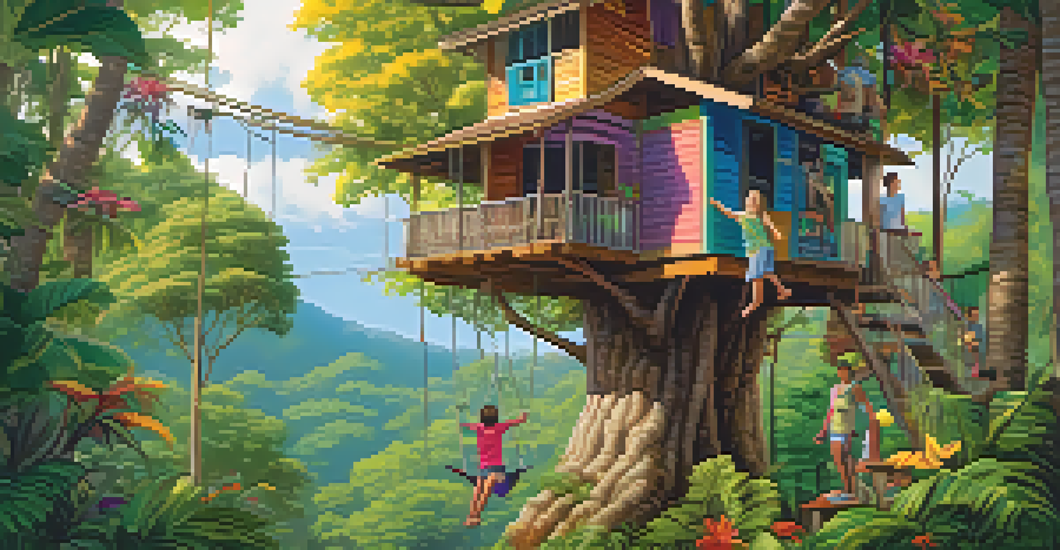 A family having fun at a treehouse resort, with children climbing trees and parents relaxing, surrounded by colorful tropical flowers.