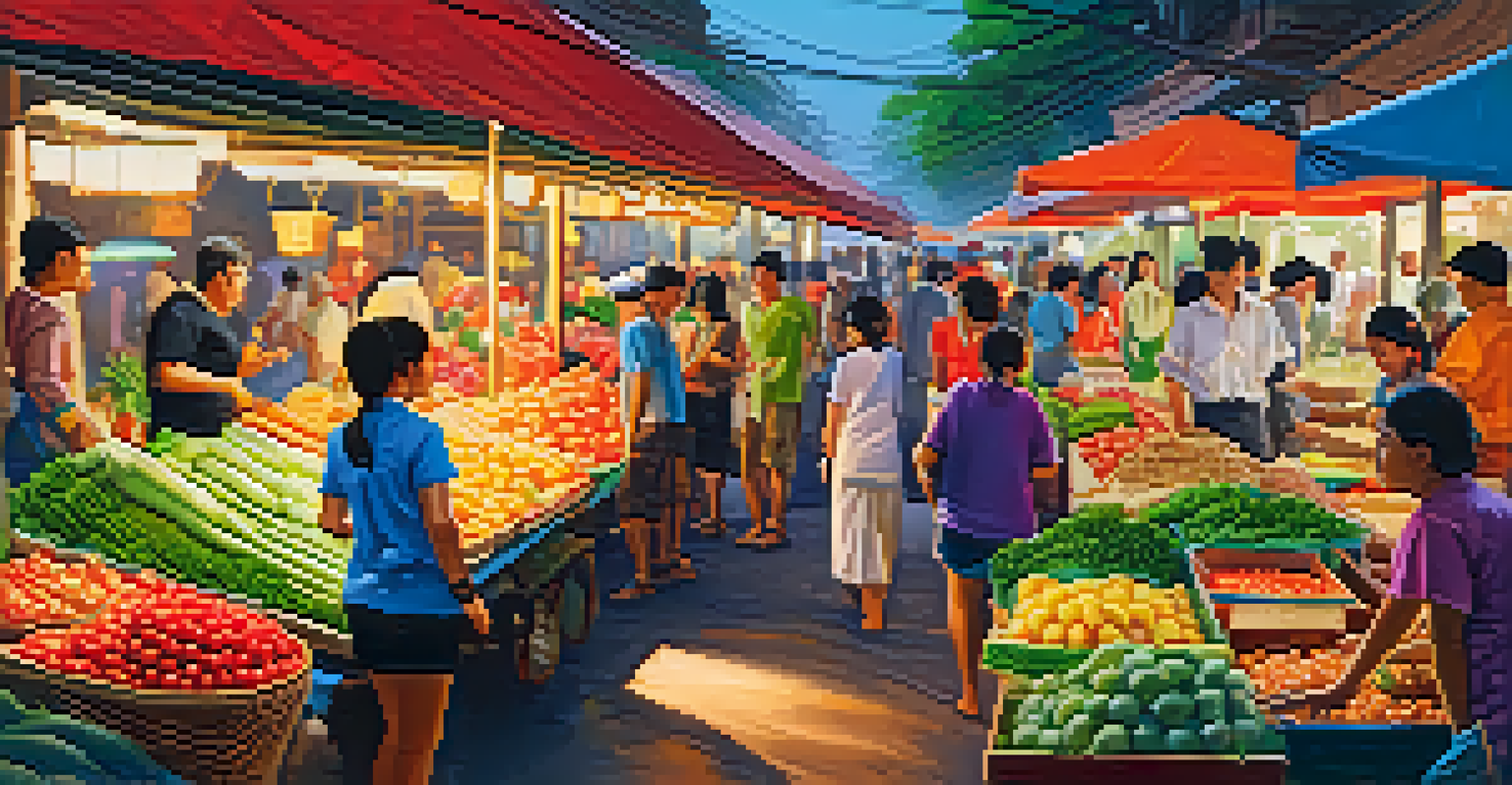 A lively Thai market with colorful stalls, fresh produce, and people engaging in conversations amidst the aroma of street food.