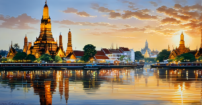 A sunrise view of Wat Arun, the Temple of Dawn, with colorful spires reflected in the river, surrounded by golden light.