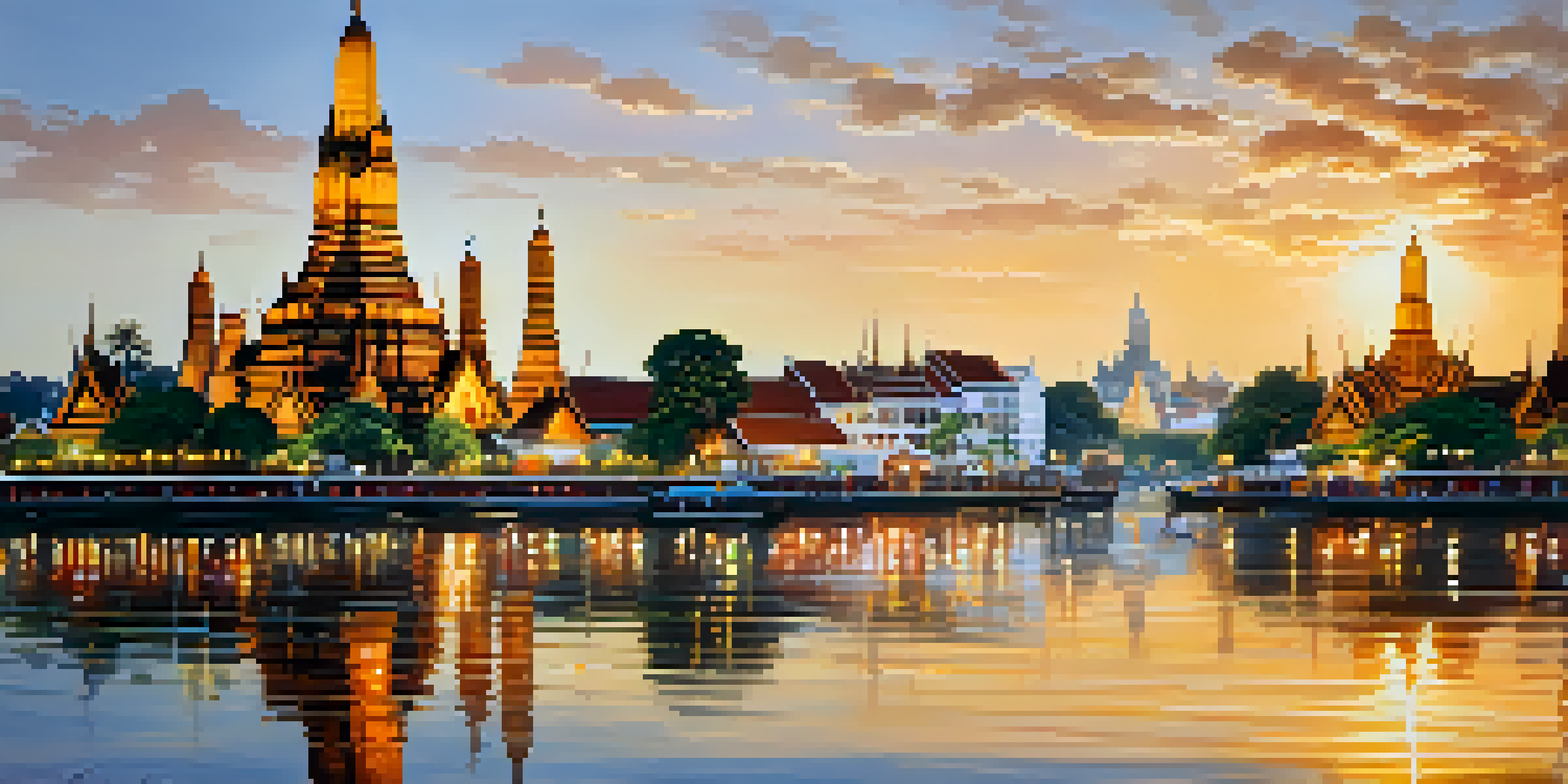 A sunrise view of Wat Arun, the Temple of Dawn, with colorful spires reflected in the river, surrounded by golden light.