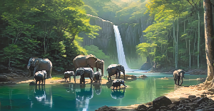 A tranquil scene in Khao Yai National Park featuring elephants near a waterfall, surrounded by greenery and sunlight filtering through trees.
