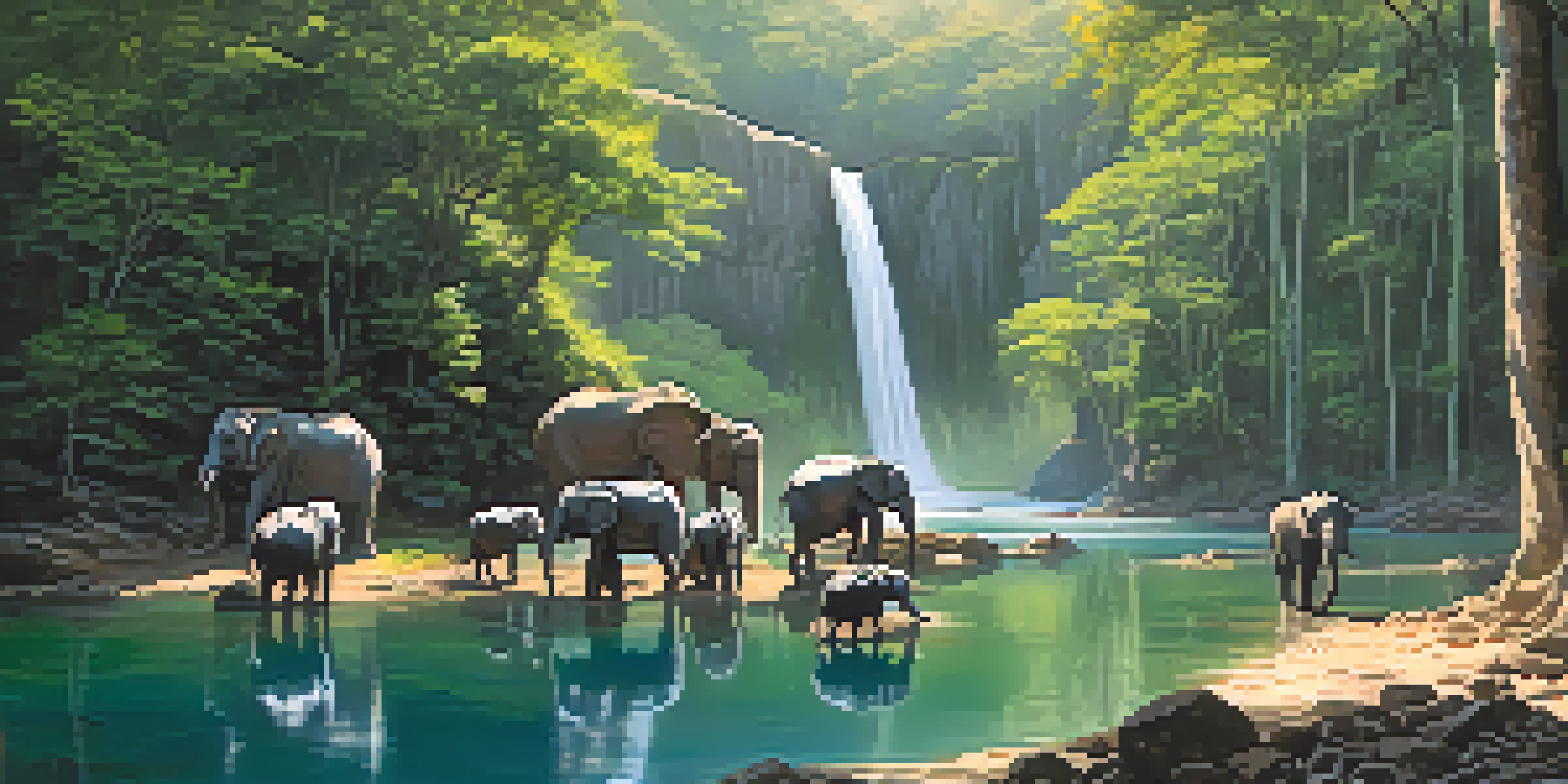 A tranquil scene in Khao Yai National Park featuring elephants near a waterfall, surrounded by greenery and sunlight filtering through trees.