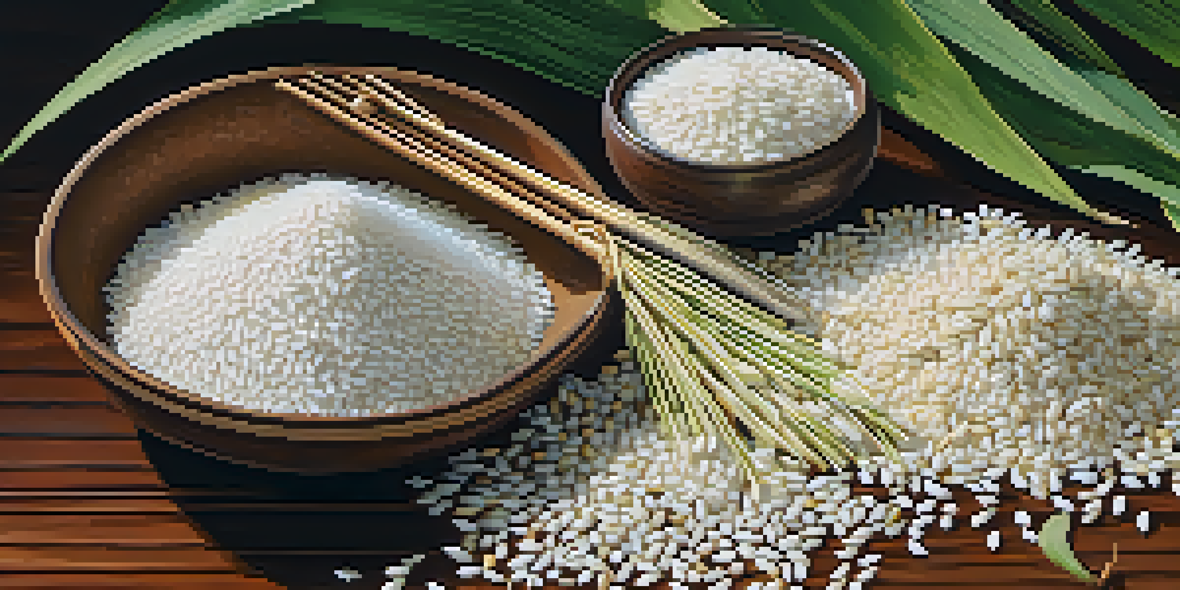 Close-up of freshly harvested jasmine rice grains with traditional cooking utensils and herbs in the background.