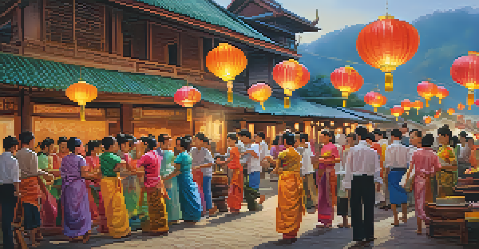 A lively local festival in Thailand with a homestay family dressed in traditional clothing, surrounded by colorful decorations and festive atmosphere.