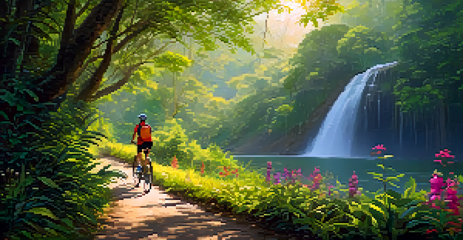 A cyclist riding through a lush green path in Khao Yai National Park, with a waterfall in the background and sunlight filtering through the trees.