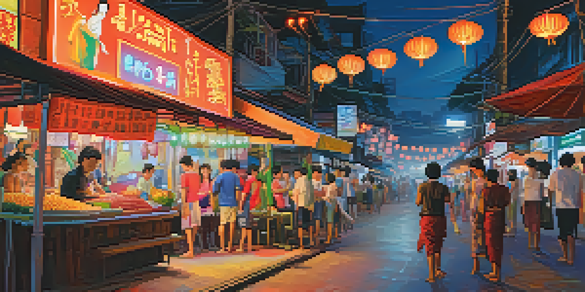 A lively nighttime scene on Khao San Road, featuring street vendors and colorful neon lights, with subtle ghostly figures in the background.