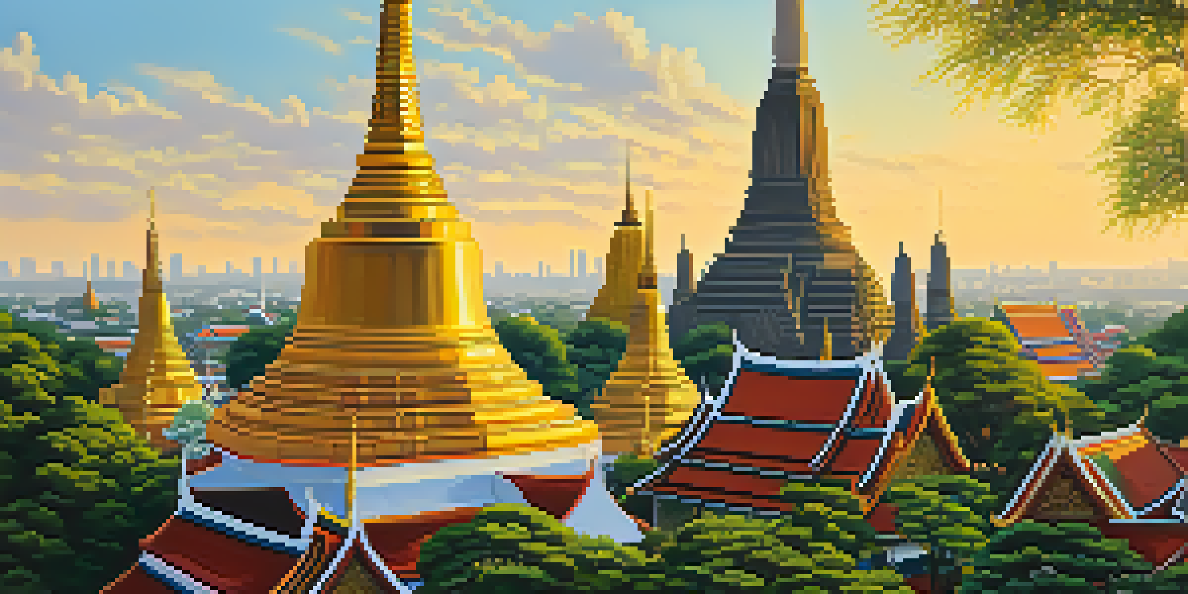 A tranquil scene of Wat Pho temple with detailed architecture, colorful rooftops, and golden stupas illuminated by soft, warm light during sunset.