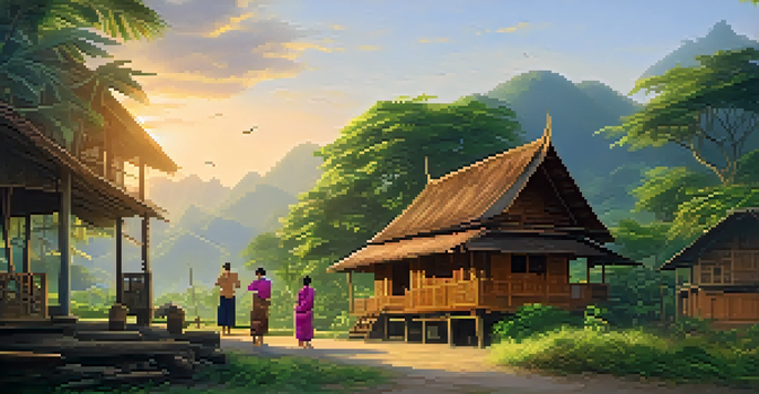 A traditional Thai homestay in a village during sunrise, with children playing and a woman brewing coffee on the porch.