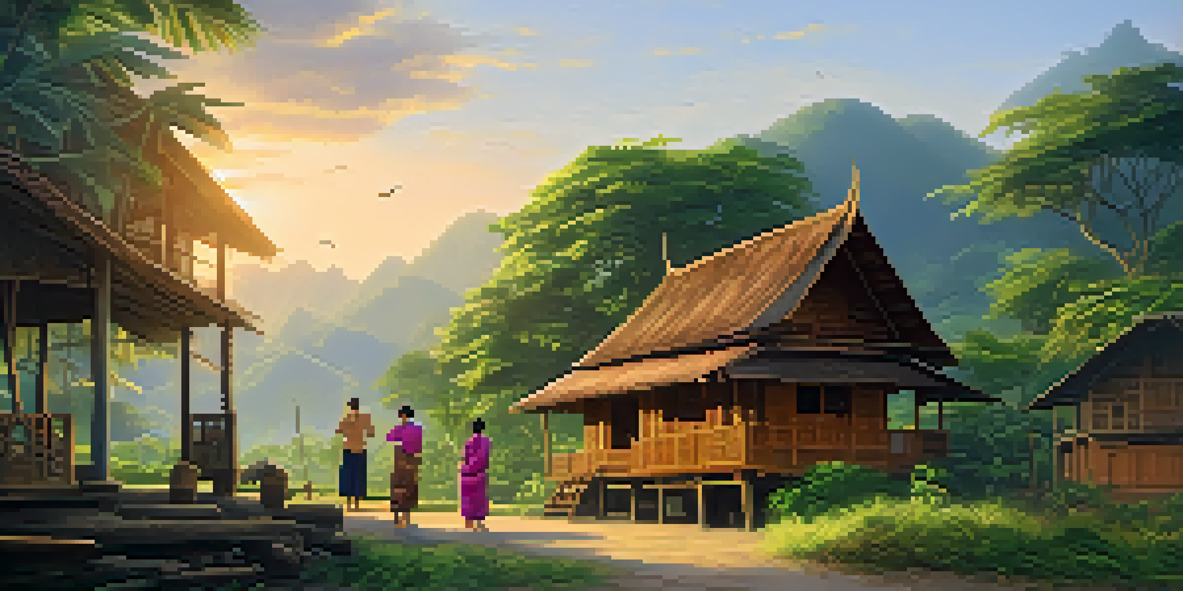 A traditional Thai homestay in a village during sunrise, with children playing and a woman brewing coffee on the porch.