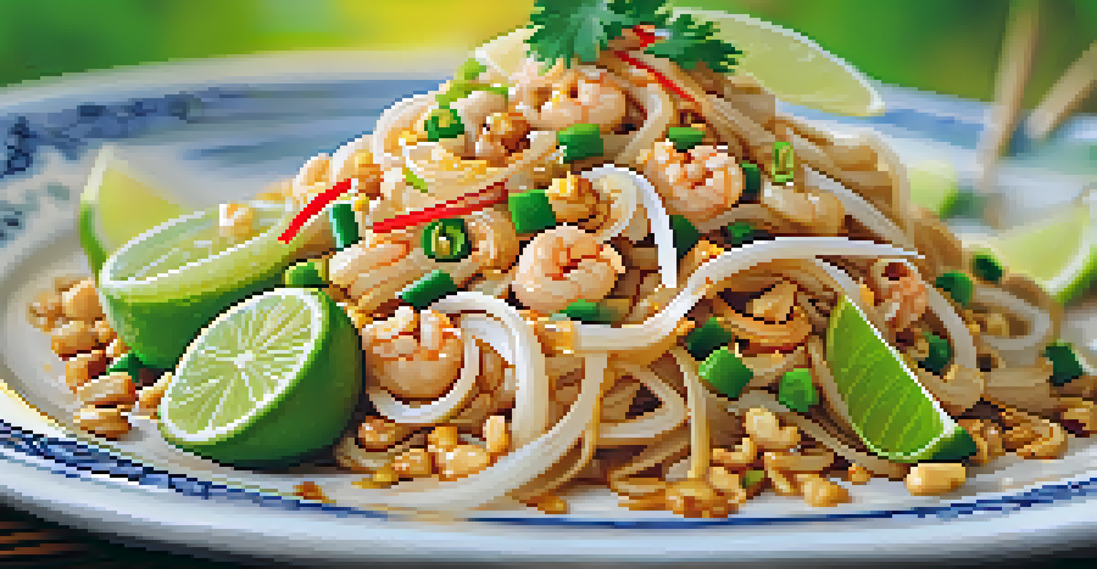 A close-up of a plate of Pad Thai with lime and peanuts, set against a blurred beach backdrop.