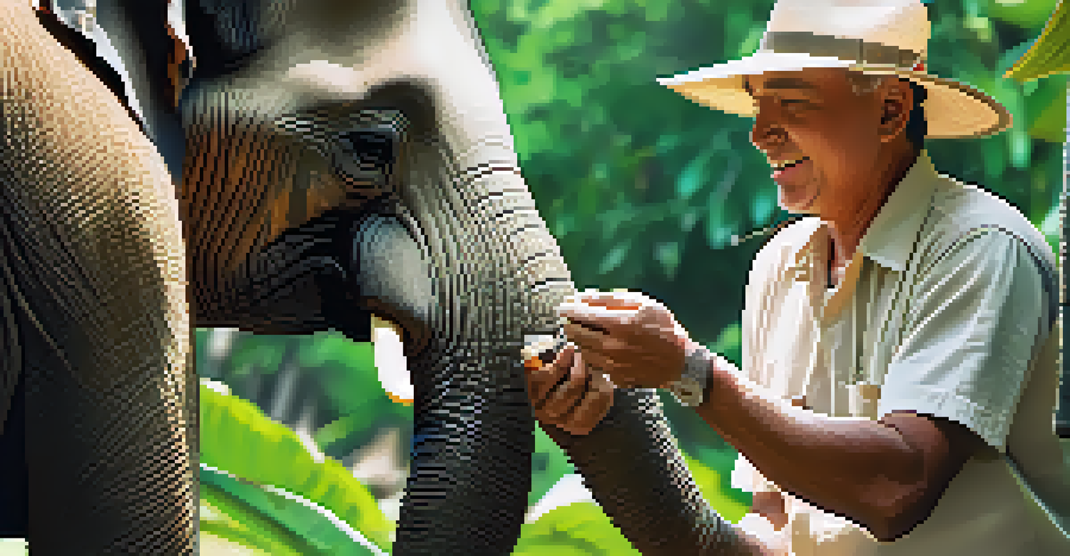A volunteer feeding a friendly elephant at a sanctuary in Thailand amidst lush greenery.