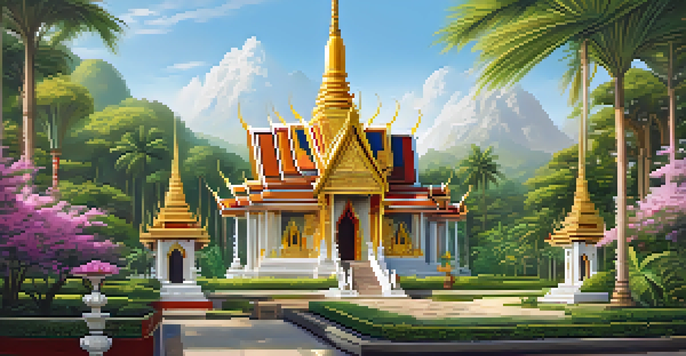 A beautiful Thai Buddhist temple with golden spires and colorful mosaics, surrounded by green gardens and warm sunlight, with tourists admiring the architecture.