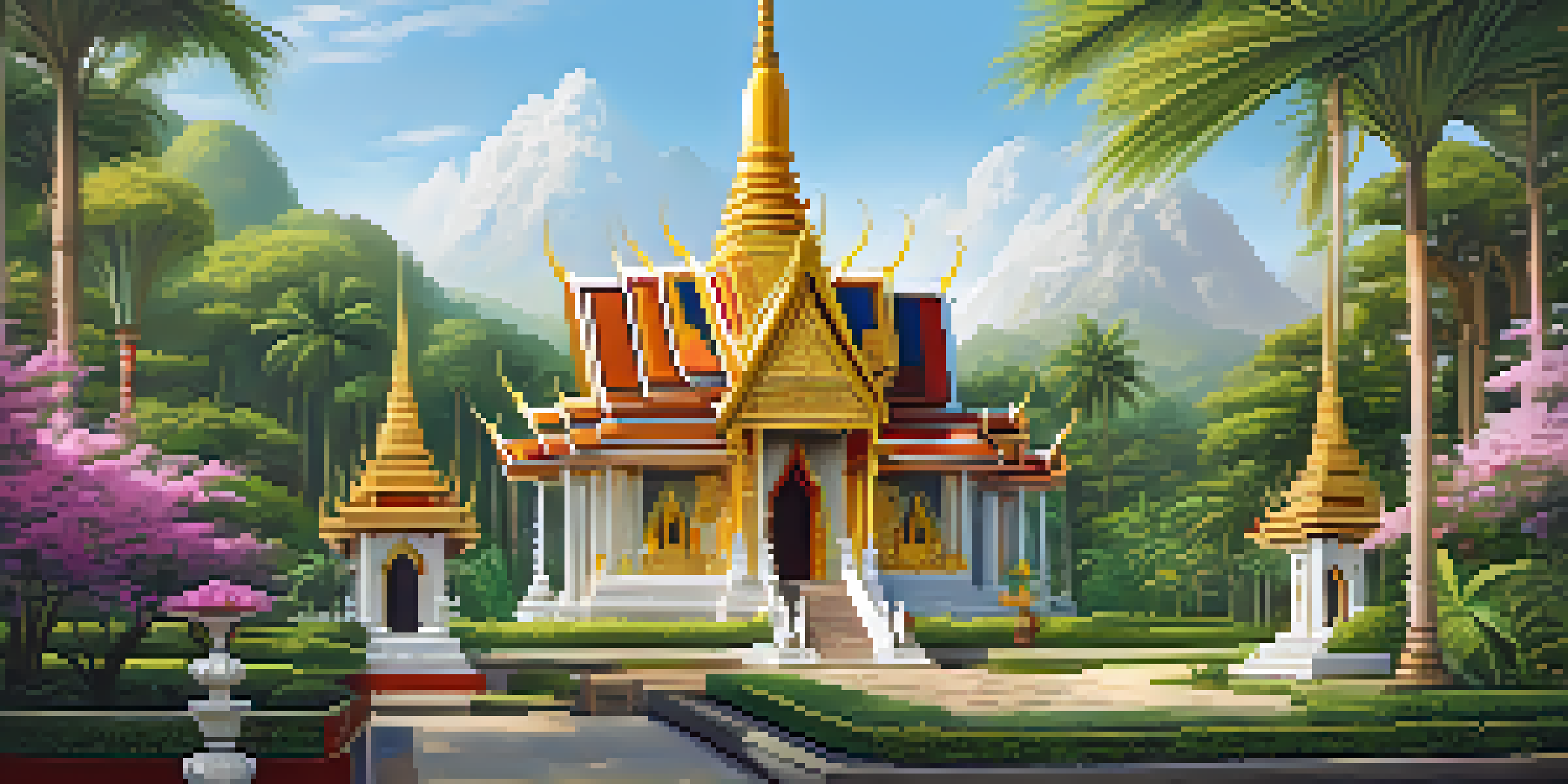 A beautiful Thai Buddhist temple with golden spires and colorful mosaics, surrounded by green gardens and warm sunlight, with tourists admiring the architecture.