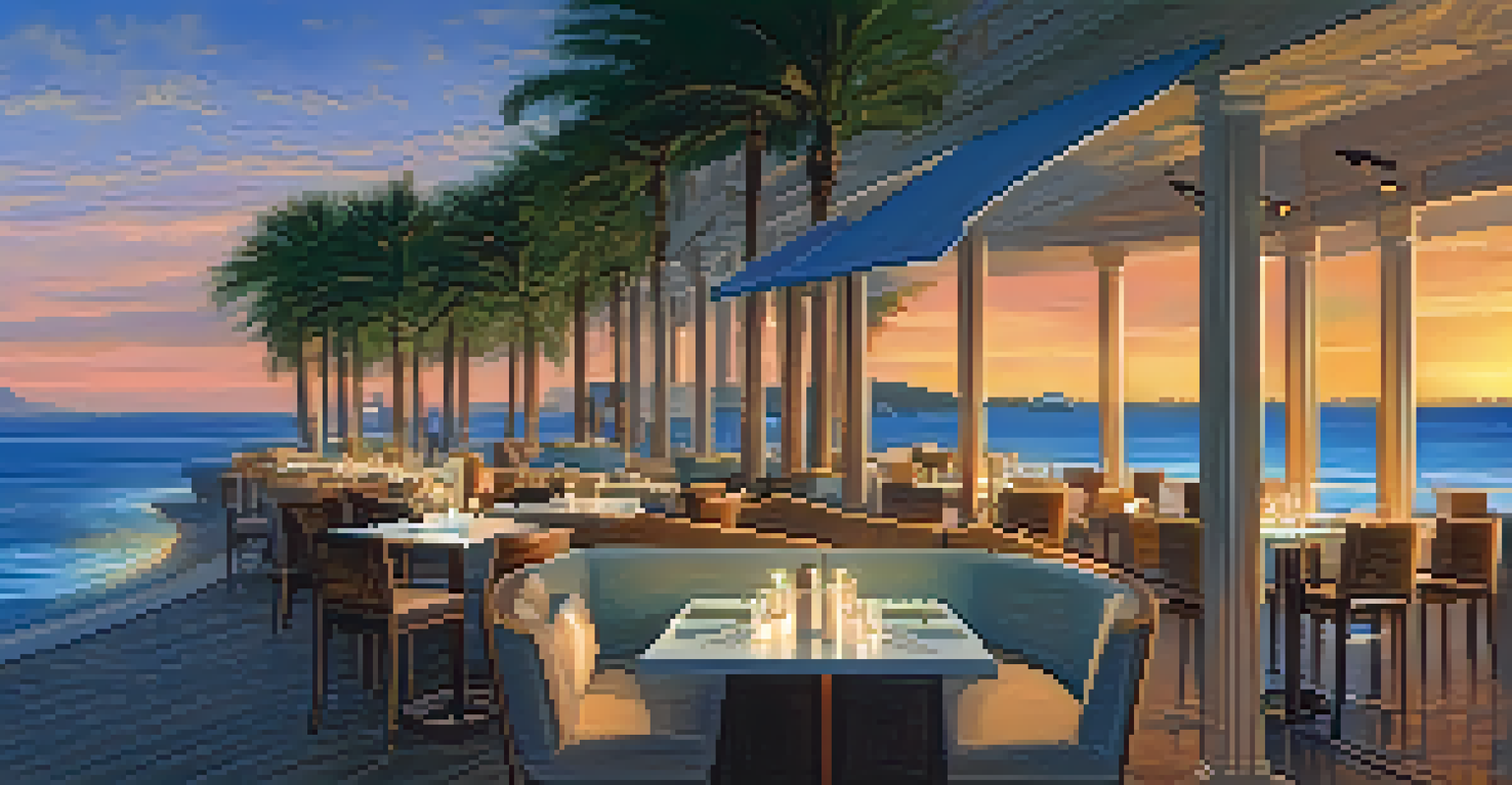 A peaceful beachfront café scene during twilight with cozy seating and cocktails, providing a tranquil view of the ocean.