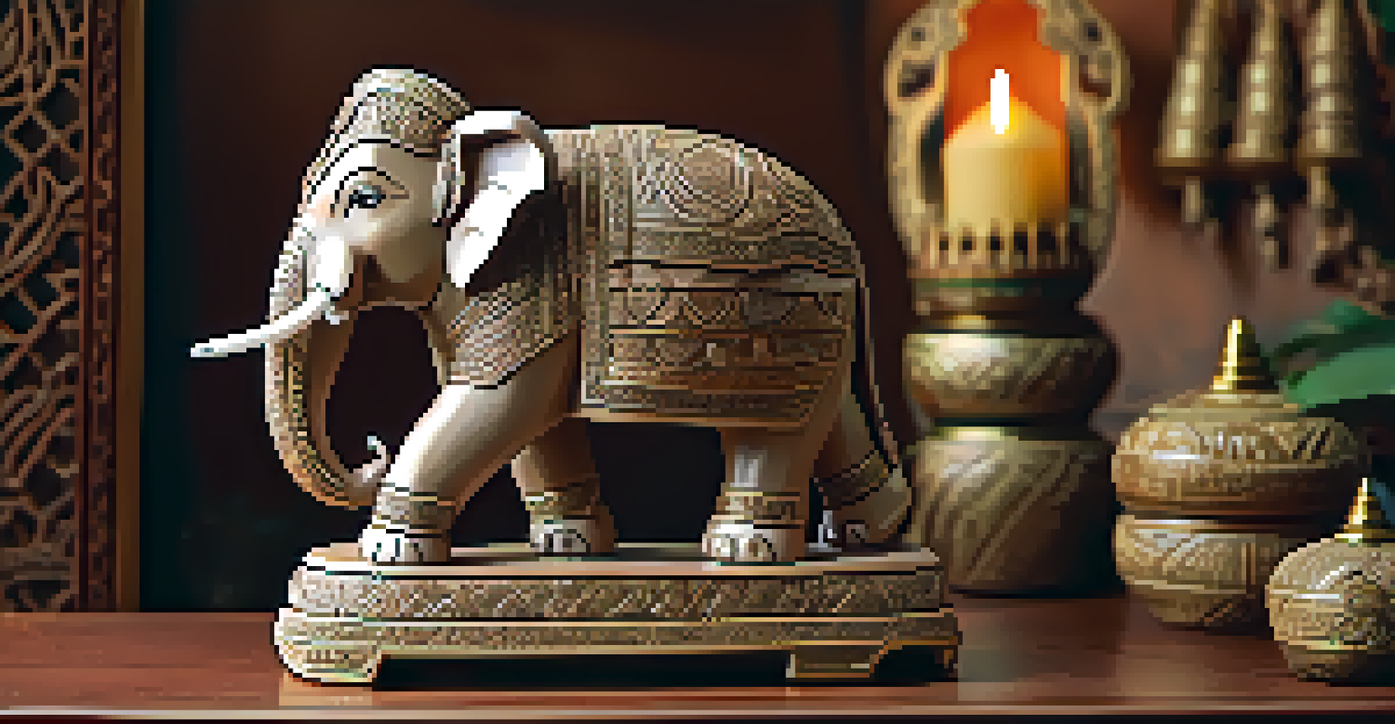 A detailed wooden elephant statue on a shelf surrounded by traditional Thai decor and soft lighting.