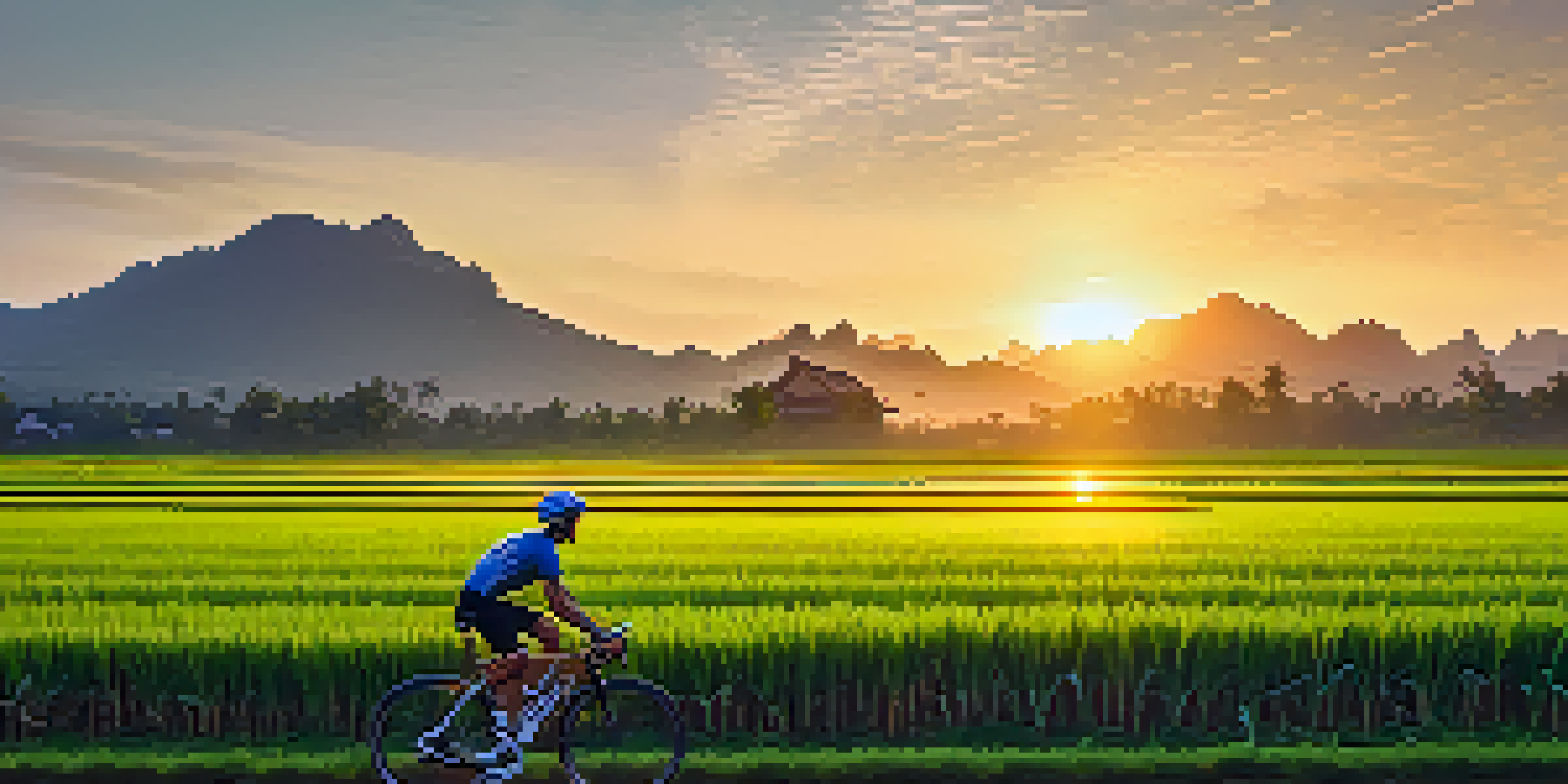 A cyclist riding through vibrant green rice fields in Thailand at sunset, with mountains in the background.