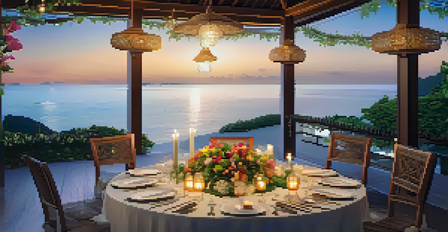 An outdoor dining setup at a boutique resort with traditional Thai dishes and ocean in the background.