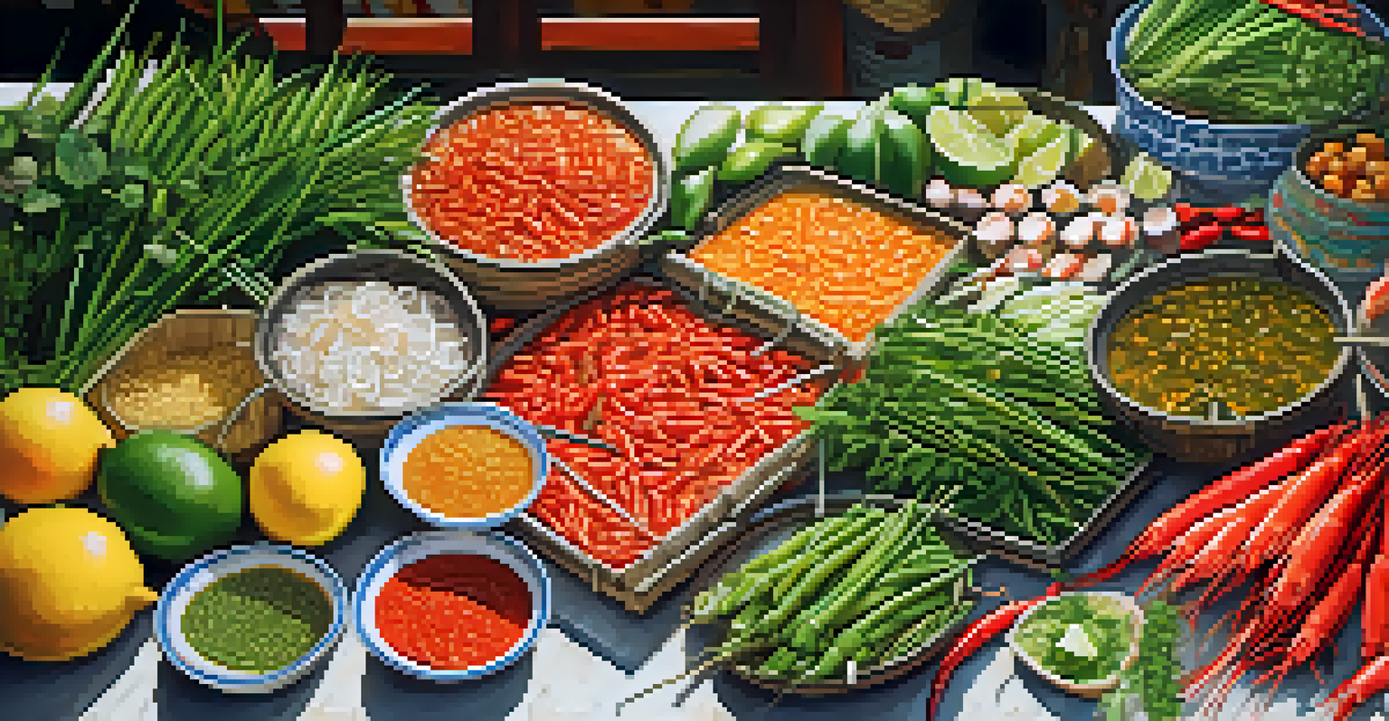 Overhead view of a Thai market stall with fresh ingredients for Tom Yum Goong, including shrimp and herbs.