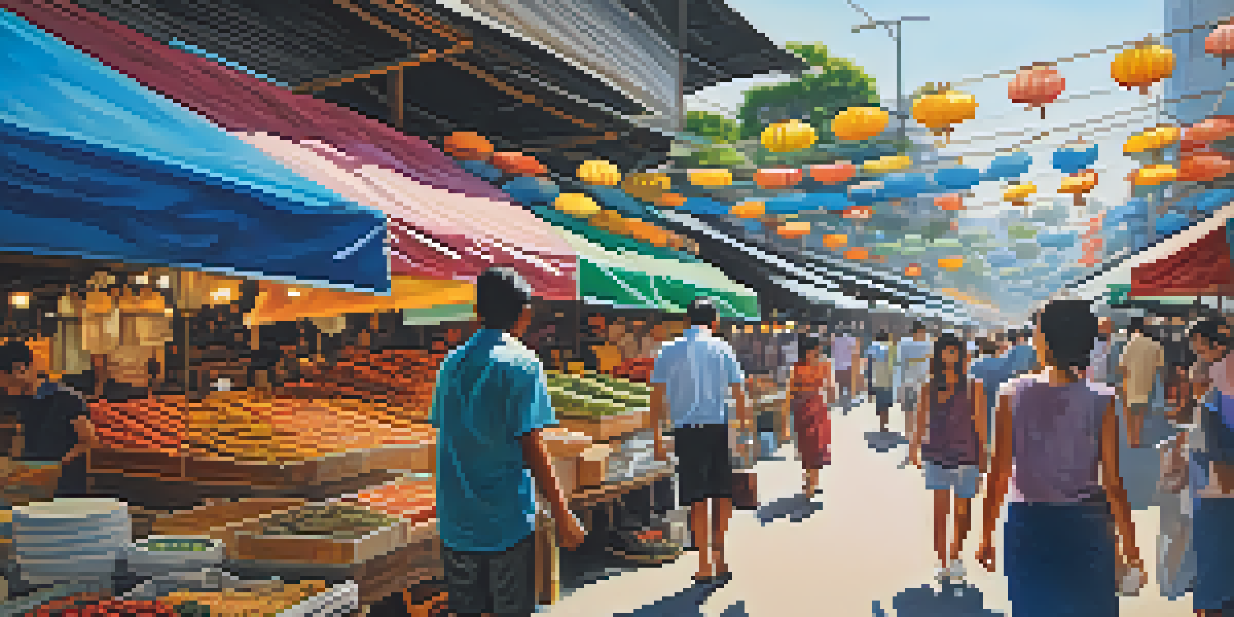 A busy market scene at Chatuchak Weekend Market with colorful stalls, shoppers, and vendors, showcasing traditional crafts and street food under soft sunlight.