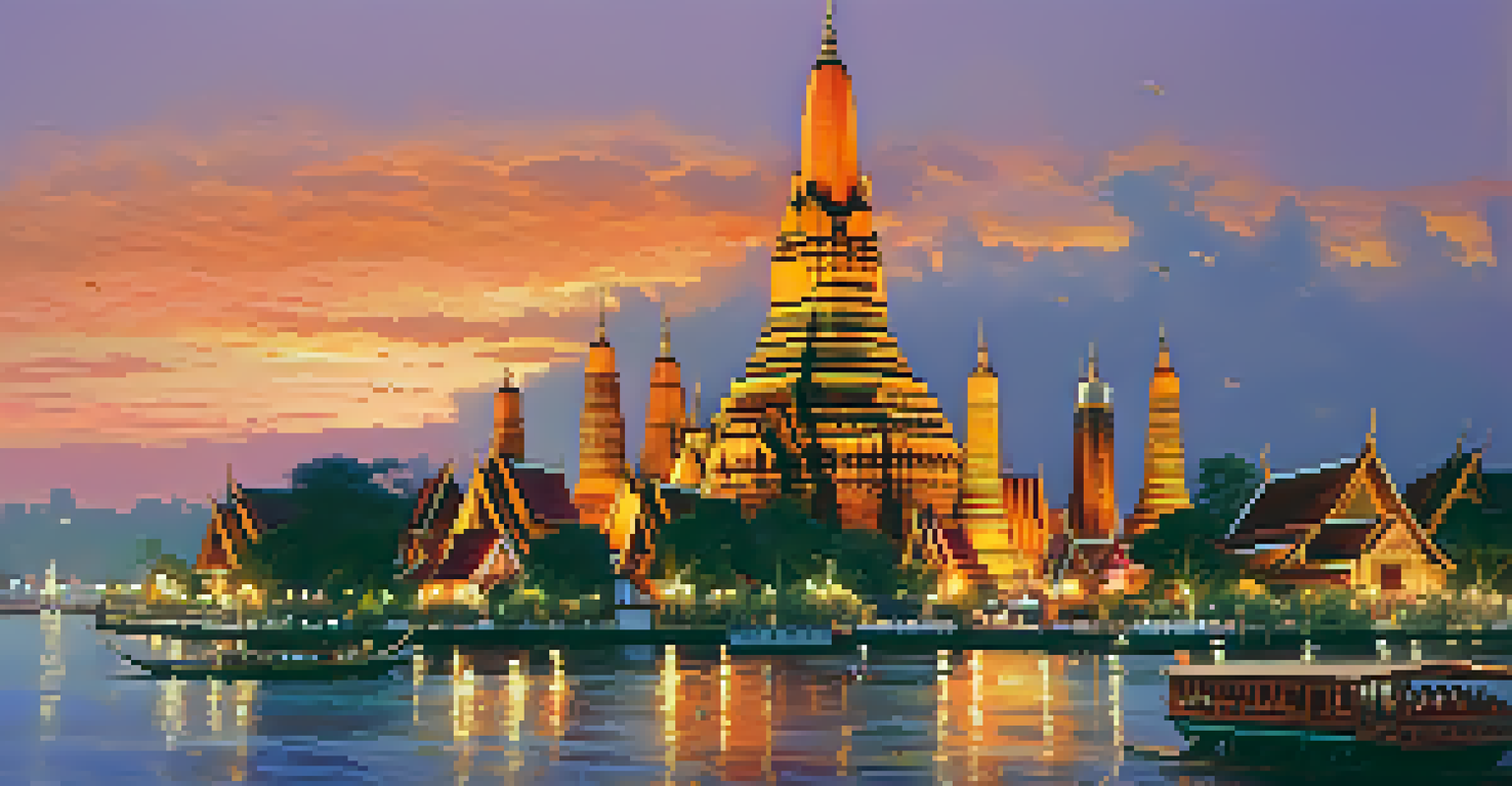 The Wat Arun temple illuminated at sunset, with monks participating in a ceremony in front and a colorful sky.