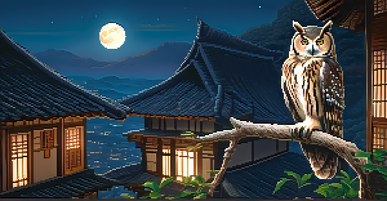 A wise old owl perched on a branch, overlooking a tranquil village under a full moon at night.