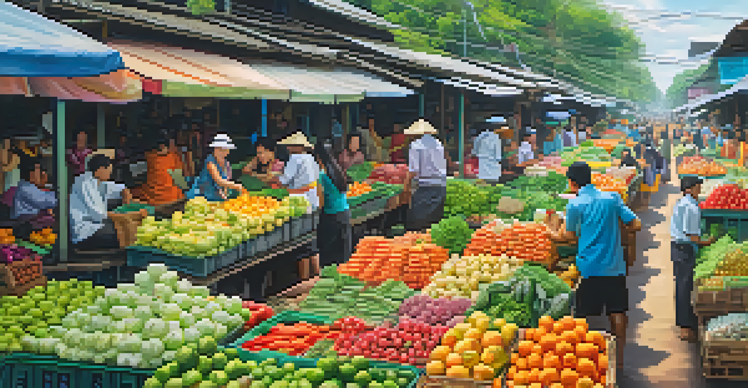 A lively marketplace in Thailand as seen from a train window, with colorful stalls and traditional architecture in the background.