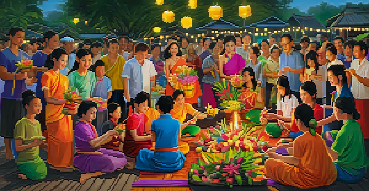Families and friends joyfully crafting krathongs together for the Loy Krathong festival, surrounded by colorful decorations and festive lights.