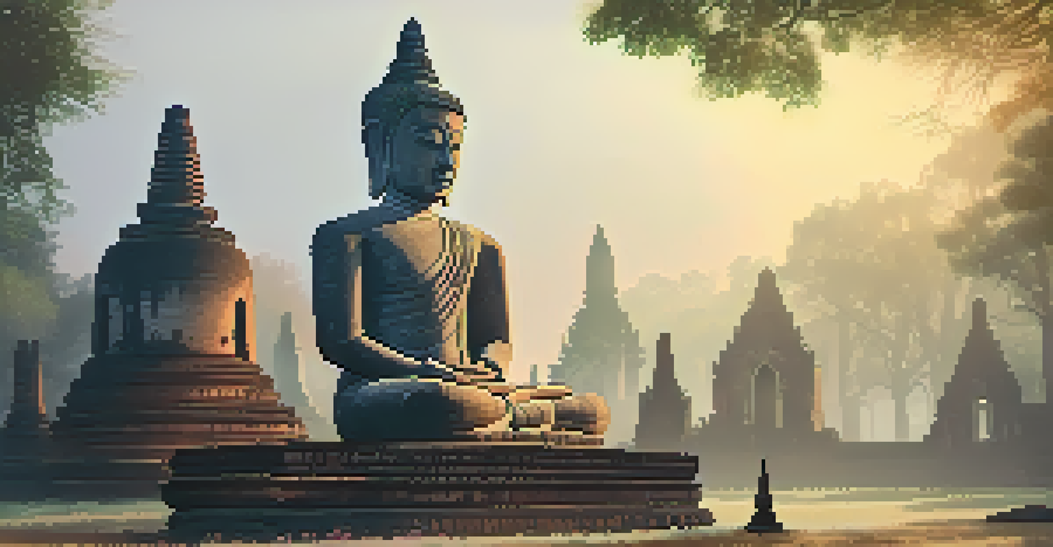 Early morning view of Wat Si Chum in Sukhothai, featuring a large seated Buddha amidst ancient ruins shrouded in mist.