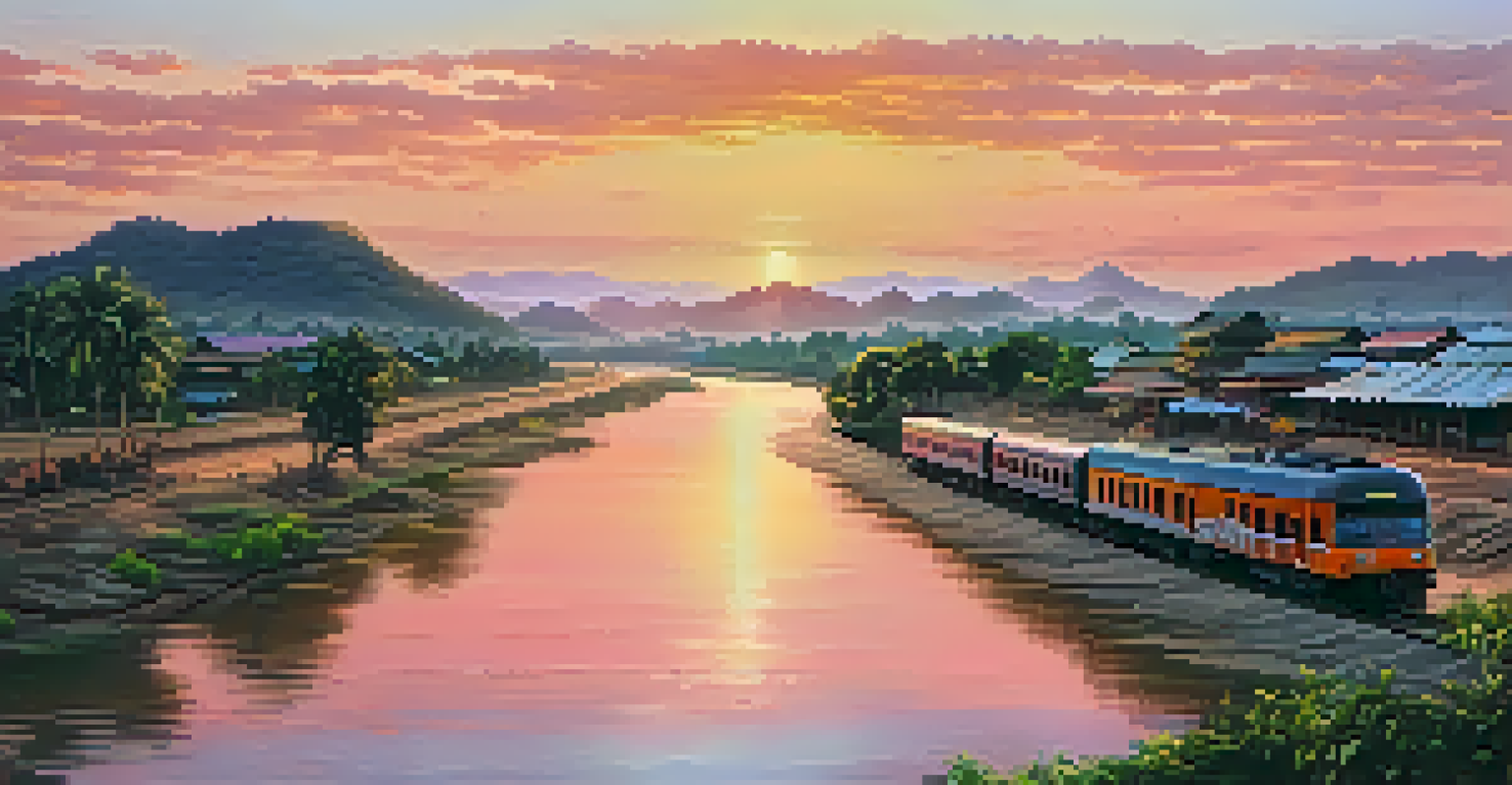A sunset view of the Mekong River with a train on the tracks, showcasing local markets along the riverbank in Northern Thailand.
