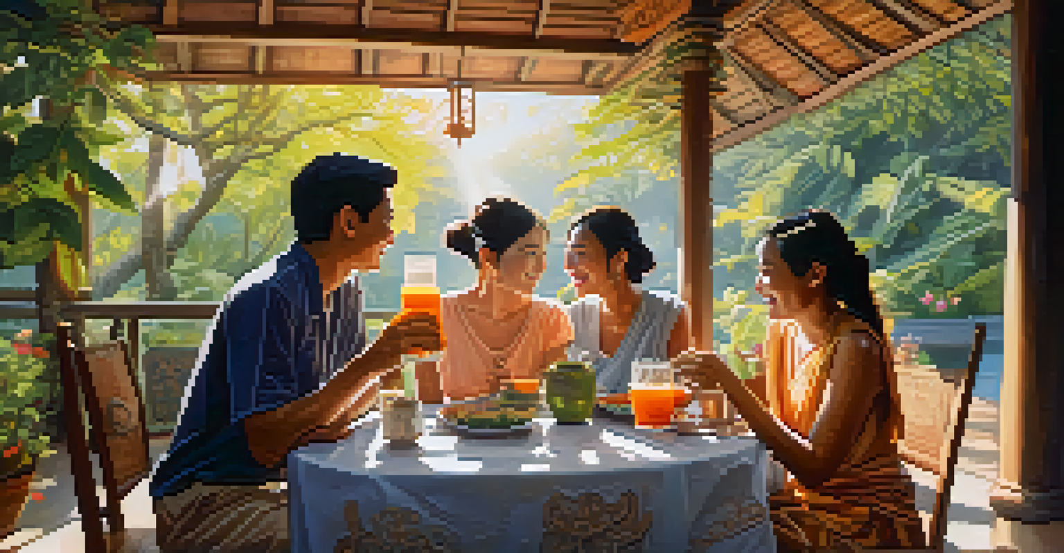 A group of friends enjoying iced Thai tea together in a garden, with a pitcher of tea on the table and a cheerful atmosphere.