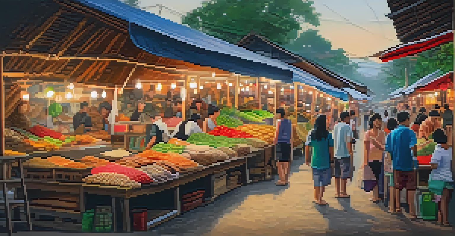 A lively street market in Pai with colorful stalls, local people, and delicious food on display.