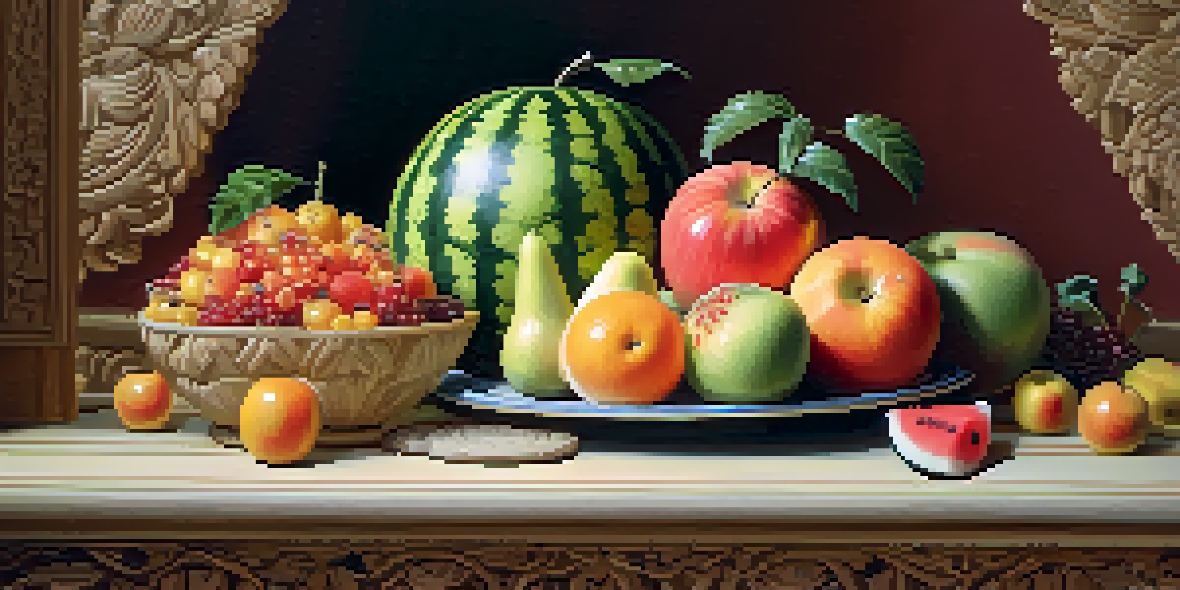 A vibrant arrangement of intricately carved fruits, highlighting detailed floral designs on a wooden table.