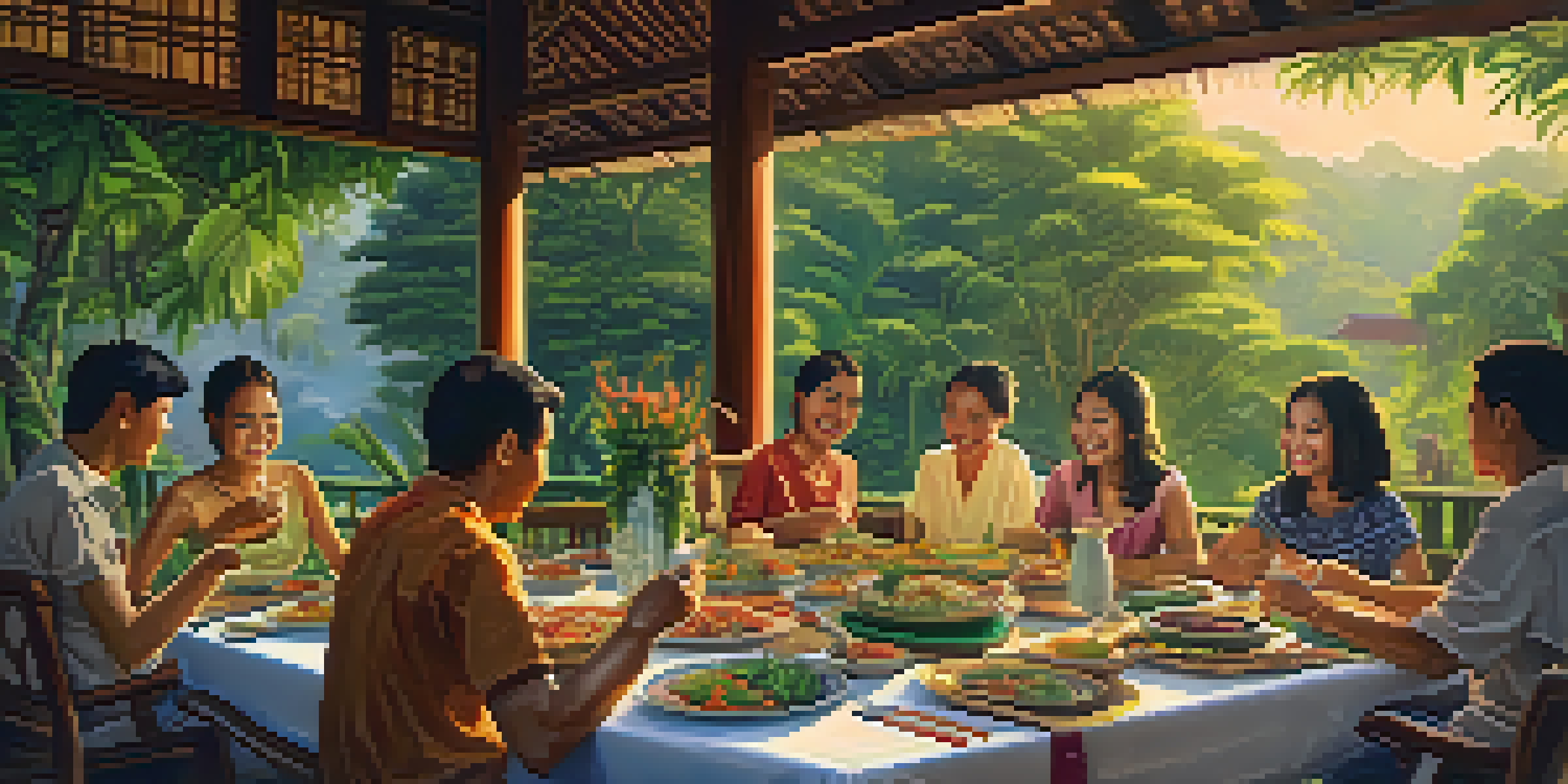 A vibrant Thai dining scene with a table full of colorful dishes and smiling people enjoying a meal outdoors in warm sunlight.
