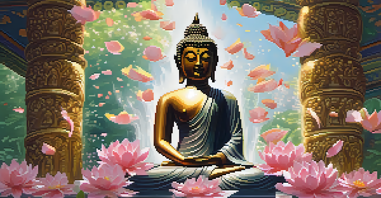 A close-up image of a Buddha statue adorned with flower petals and water during the Songkran festival, capturing a peaceful and spiritual atmosphere.